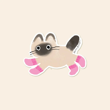 A cat in tiny pink socks is impossible not to smile at. Cat Socks Sticker features a sweet cream-and-black cat padding along in bright pink socks, giving the design a playful, cozy, and instantly giftable feel.

Made from matte-coated, waterproof vinyl, it’s durable enough for laptops, planners, water bottles, and more. It’s an easy impulse add-on for cat people, best friends, and shoppers looking for a small but meaningful gift.

Measures approximately 3 inches
Matte coating; durable, waterproof, and scrat
