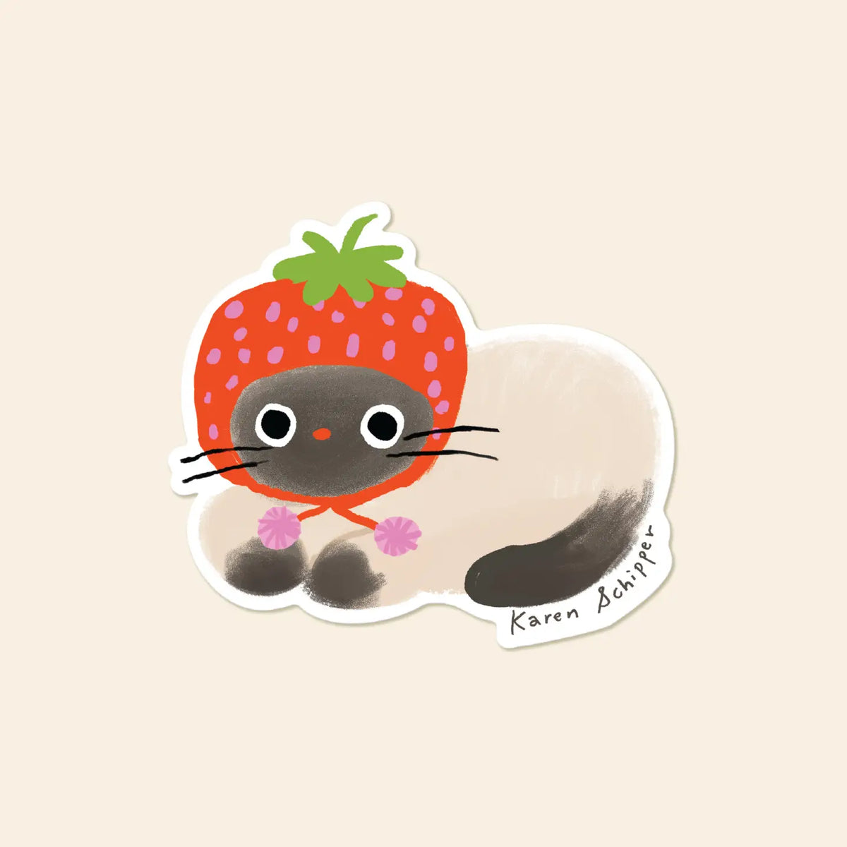 Sweet, playful, and full of charm, Strawberry Cat Sticker features an adorable cream cat with a bright strawberry cap and tiny pink bows.&nbsp;

Made from matte-coated, waterproof vinyl, it’s durable enough for laptops, planners, water bottles, and more. It’s an easy impulse add-on for cat people, best friends, and shoppers looking for a small but meaningful gift.

Measures approximately 3 inches
Matte coating; durable, waterproof, and scratch-resistant vinyl
Printed locally in the US
Designed by Karen Schi