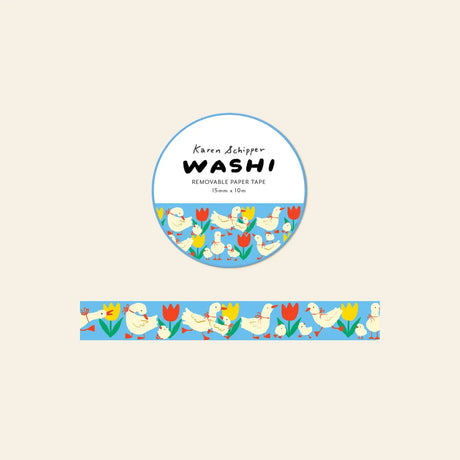 Karen Schipper Washi Tape - Duck &amp; Tulip

A cheerful little spring scene rolls across the Tulip &amp; Duck Washi Tape, with illustrated ducks, ducklings, and bright tulips on a sky blue background. This decorative paper tape is a sweet pick for garden-inspired stationery, seasonal displays, planners, and gift wrap.

Tape dimensions: 15mm x 10m
Each tape is approx. 1.75” x 1.75” x 0.65”
Packaged in clear plastic with two round branded stickers on each side of the roll&nbsp;
Designed in the USA, made in C