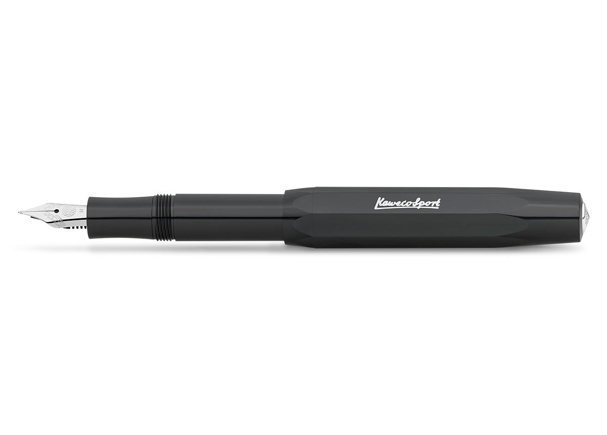 All black everything - our fountain pen in black performs brilliantly in any situation. The classic and elegant colour can be combined with various notebooks, papers and other accessories.



In 1911 something remarkable by the name of Kaweco Sport was created. The pocket fountain pen only measures 10.5 cm when closed, therefore it can easily be taken anywhere. With the cap attached, it grows to a normal size of 13 cm.

You can choose between five nib sizes from extra fine (EF) to extra broad (BB). If you'r
