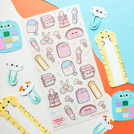 @catsoul_draws has put together the sweetest set of supplies, where even the stationery comes with whiskers and toe beans! From paw-print box cutters and cat-shaped rulers to notebooks, scissors, calculators, and washi tape, these kawaii supplies are here to make any workday a little more pawsitive.

Art by: @catsoul_draws


One sticker sheet is included.
Top Coating: None
Adhesive Layer: Paper
Backing Layer: Clear PET 
Size: 6.69"x3.54"
Weight-0.03oz