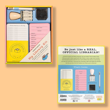 Run your own library at home with all your favorite books! This activity kit makes it fun & easy to share books with friends (or siblings or even grownups!). Just stick the special pocket inside any book you plan to lend and use the checkout card & official date stamp to mark the day you want it back— boom, you’re a librarian! Because loving books is cool and losing track of ’em is not.