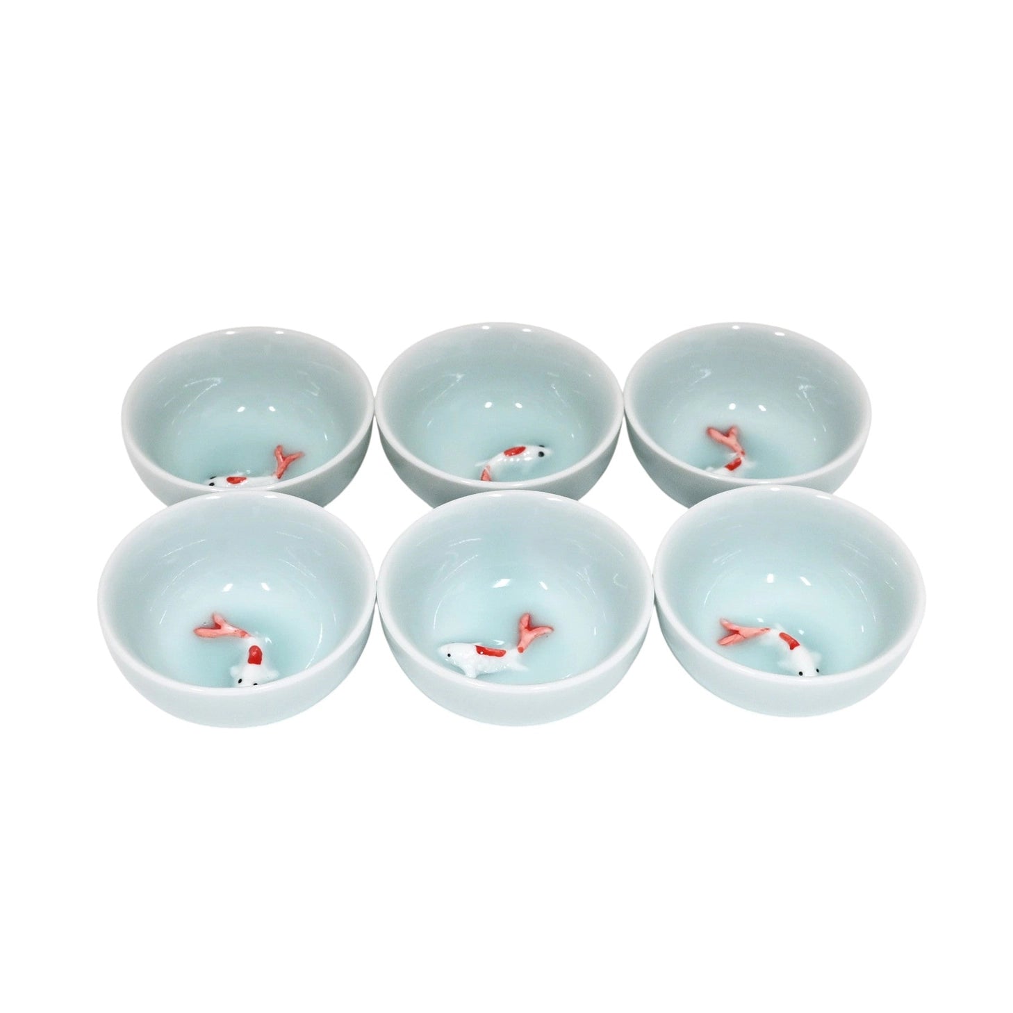 Koi Fish Kung Fu Tea Cups 6 Piece Set - Sky Blue

Size: 2.5"D x 1"H 
Material: Porcelain&nbsp;
Origin: China