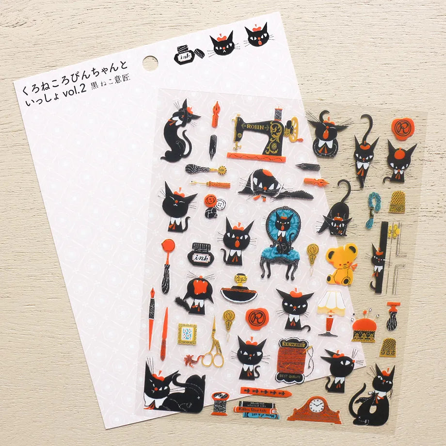 A sticker featuring a stylish black cat named 'Robin-chan' as the main character.
Robin-chan's pose, which gives off the unique softness of cats, is irresistibly cute.
The sewing machine, sewing kit, pen nibs, ink, sealing stamps, and other stylish items lined up are also stylish.


Printed on PET material, the stickers have a smooth, durable finish that’s easy to peel and place - great for both everyday use and special projects.

✨ Product Details

Smooth, durable PET sticker material
Perfect for planners,