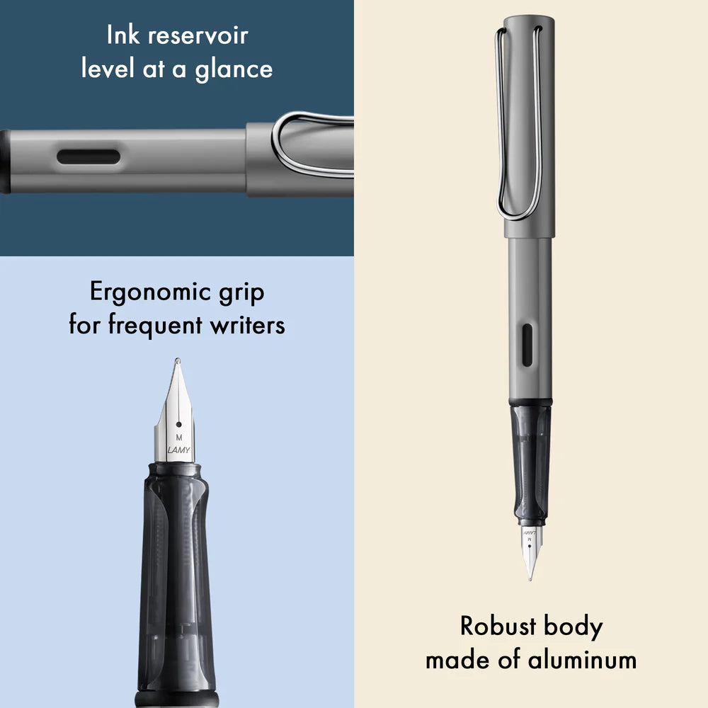 Light, lighter, LAMY AL-star: the writing classic made of resistant aluminium masters all challenges of everyday life in style. The transparent grip lies comfortably in the hand and, with an unobstructed view of the ink duct, turns the functional into a visual highlight. The series is ever inspiring with new special editions in current trendy colours and is thus an inspiring must-have in any pencil case.

Lightweight fountain pen with polished steel nib and ergonomic grip made of high-quality transparent pl
