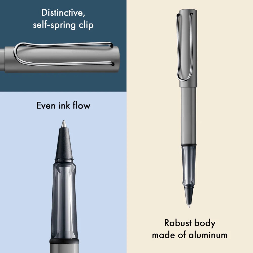Light, lighter, LAMY AL-star: the writing classic made of resistant aluminium masters all challenges of everyday life in style. The transparent grip lies comfortably in the hand and, with an unobstructed view of the ink duct, turns the functional into a visual highlight. The series is ever inspiring with new special editions in current trendy colours and is thus an inspiring must-have in any pencil case.

Lightweight rollerball pen with ergonomic grip made of high-quality transparent plastic.

Distinctive m