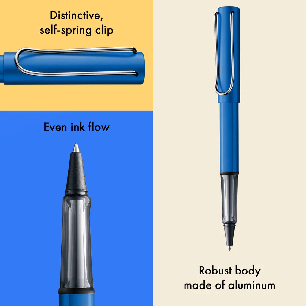 Light, lighter, LAMY AL-star: the writing classic made of resistant aluminium masters all challenges of everyday life in style. The transparent grip lies comfortably in the hand and, with an unobstructed view of the ink duct, turns the functional into a visual highlight. The series is ever inspiring with new special editions in current trendy colours and is thus an inspiring must-have in any pencil case.

Lightweight rollerball pen with ergonomic grip made of high-quality transparent plastic.

Distinctive m
