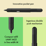 Innovative pocket pen full of transformative power.

The LAMY pico reaches unimagined greatness under pressure: the innovative pocket pen transforms into a full-size biro with just one finger movement thanks to an ingenious double push mechanism inside. Strikingly different and surprising, it brings a piece of innovation to even the smallest pencil case or even trouser pocket as a handy everyday companion.&nbsp;

Matte black lacquer finish&nbsp;with 1 refill of LAMY M 22 M black