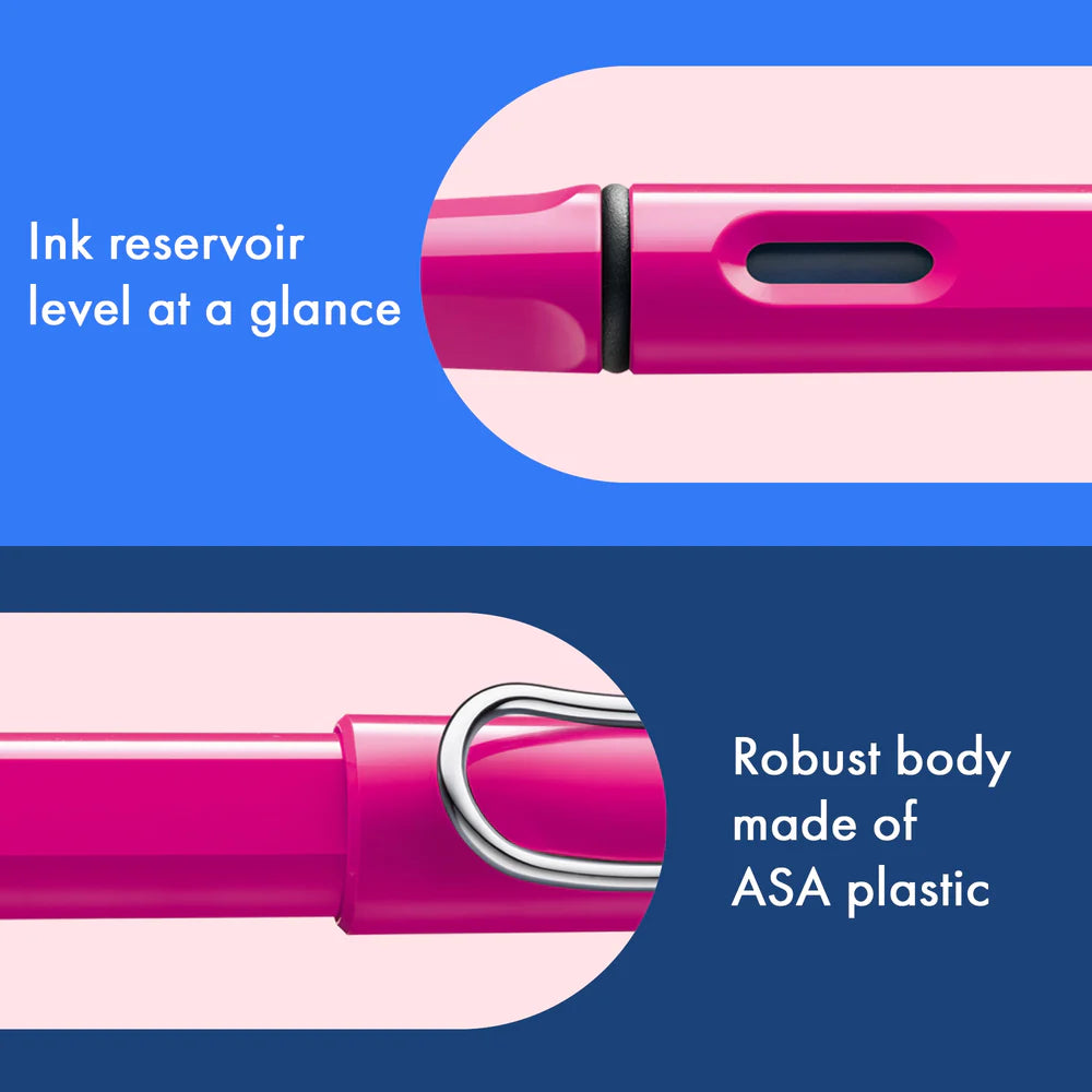 Fountain pen, icon, global success: the LAMY safari has been a beloved classic since its introduction in the 1980s and enjoys a cult status untypical for a writing instrument. Countless colours and ever-changing special editions make hearts beat faster - whether for the pencil case or the carefully curated fountain pen collection.

The LAMY safari is more than the sum of its details: it is aesthetic, robust and individual. The distinctive, self-sprung clip keeps the writing instrument securely fastened in p
