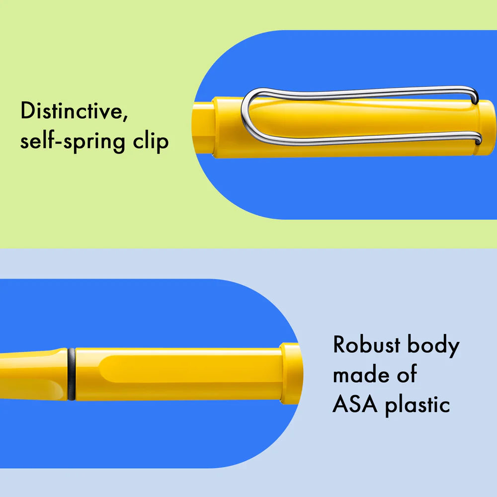 Fountain pen, icon, global success: the LAMY safari has been a beloved classic since its introduction in the 1980s and enjoys a cult status untypical for a writing instrument. Countless colours and ever-changing special editions make hearts beat faster - whether for the pencil case or the carefully curated fountain pen collection.

The LAMY safari is more than the sum of its details: it is aesthetic, robust and individual. The distinctive, self-sprung clip keeps the writing instrument securely fastened in p