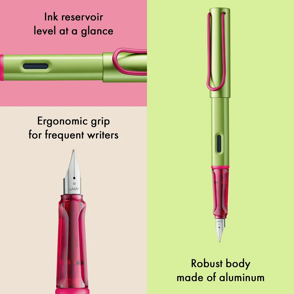 LAMY Special Edition AL-Star Fountain Pen - Disco

Light, lighter, LAMY AL-star: the writing classic made of resistant aluminium masters all challenges of everyday life in style. The transparent grip lies comfortably in the hand and, with an unobstructed view of the ink duct, turns the functional into a visual highlight. The series is ever inspiring with new special editions in current trendy colours and is thus an inspiring must-have in any pencil case.

Lightweight fountain pen with polished steel nib and