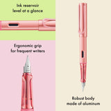 LAMY Special Edition AL-Star Fountain Pen - Flamingo

Light, lighter, LAMY AL-star: the writing classic made of resistant aluminium masters all challenges of everyday life in style. The transparent grip lies comfortably in the hand and, with an unobstructed view of the ink duct, turns the functional into a visual highlight. The series is ever inspiring with new special editions in current trendy colours and is thus an inspiring must-have in any pencil case.

Lightweight fountain pen with polished steel nib 