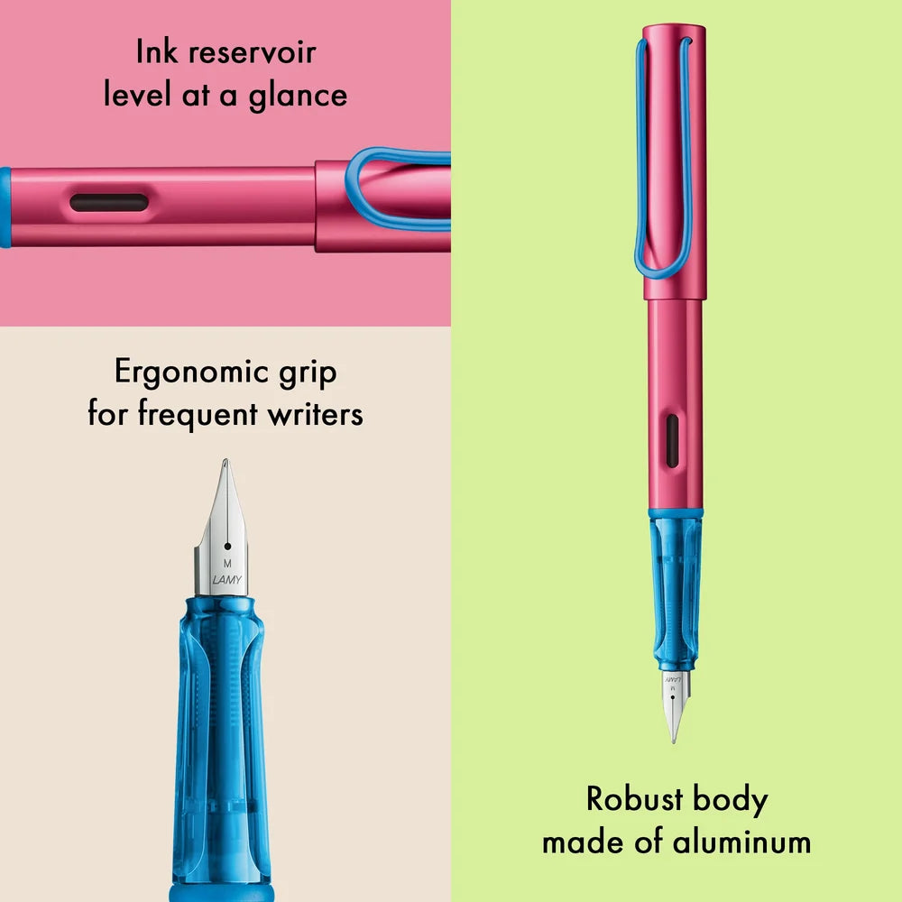 LAMY Special Edition AL-Star Fountain Pen - Rollerskate

Light, lighter, LAMY AL-star: the writing classic made of resistant aluminium masters all challenges of everyday life in style. The transparent grip lies comfortably in the hand and, with an unobstructed view of the ink duct, turns the functional into a visual highlight. The series is ever inspiring with new special editions in current trendy colours and is thus an inspiring must-have in any pencil case.

Lightweight fountain pen with polished steel n
