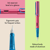 LAMY Special Edition AL-Star Fountain Pen - Rollerskate

Light, lighter, LAMY AL-star: the writing classic made of resistant aluminium masters all challenges of everyday life in style. The transparent grip lies comfortably in the hand and, with an unobstructed view of the ink duct, turns the functional into a visual highlight. The series is ever inspiring with new special editions in current trendy colours and is thus an inspiring must-have in any pencil case.

Lightweight fountain pen with polished steel n