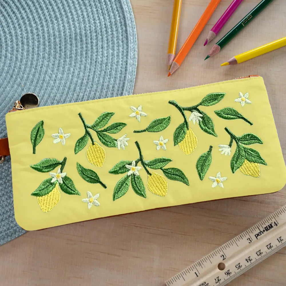 Keep your favorite notebooks and writing accessories together forever with our new notebook pouches. (Seriously, we're not sure why we didn't think of these sooner.) Embroidered design on soft faux suede, fully lined with an elastic band that fits around most notebooks.

Vegan Leather Pouch with Zipper
Elastic Fits Books up to 9" High
Zipper closure
6.5" x 2"