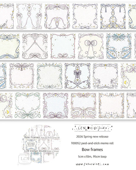 Lin Chia Ning Memo Sticker Roll - Bow Frames

A whimsical peel‑and‑stick memo roll featuring delicate bow‑themed frames.&nbsp;

Size: 5cm x 10M&nbsp;
Loop: 95 cm&nbsp;
Simili paper