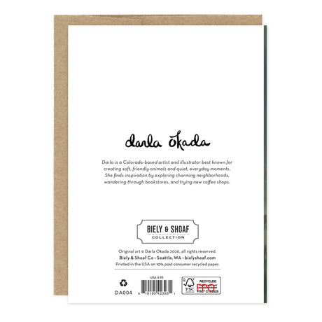 Little Mice Birthday Party&nbsp;Birthday Card

Inside verse: May all you wishes come true!

• Size: A6, 4.6" x 6.4"
• Illustrated by Darla Okada
• Full-color inside
• Foil treatment
• Paired with a Brown Kraft envelope
• Printed in the USA on high-quality recycled post-consumer waste paper

About The Artist: Darla is a Colorado-based artist and illustrator best known for creating soft, friendly animals and quiet, everyday moments. She finds inspiration by exploring charming neighborhoods, wandering through 