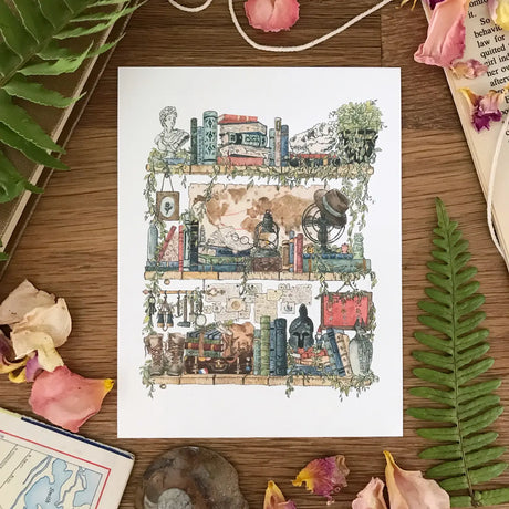 Postcard featuring my original watercolor and ink illustration of the vintage oddities and books tucked away in the shelves of an archaeologist, including a tiny lawn gnome! This painting was inspired by some of my favorite childhood movies, including Indiana Jones, the Mummy, and Jurassic Park.

• Printed on high quality card stock
• Each postcard measures 4.25 x 5.5" (A2)