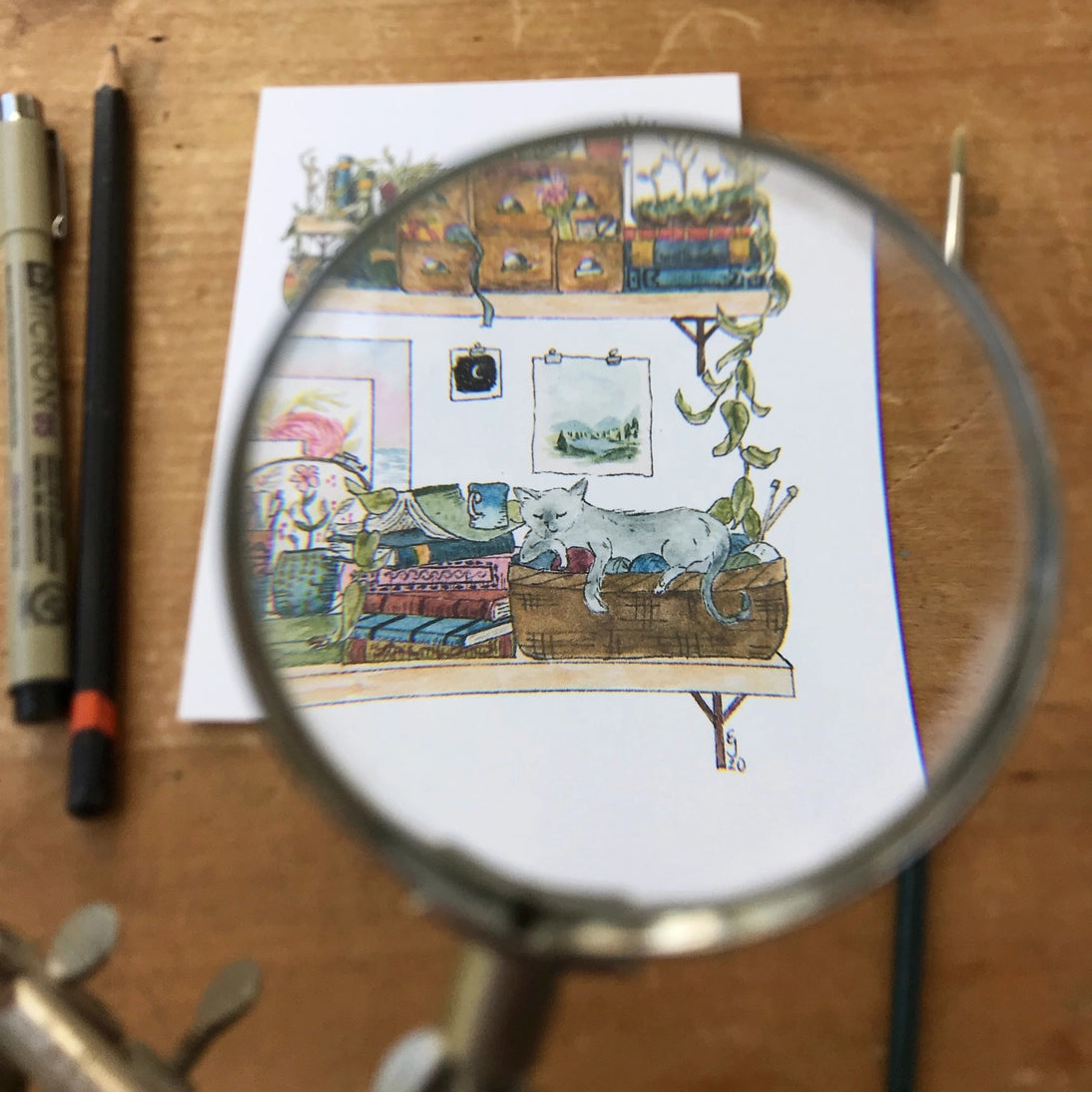 Postcard featuring my original watercolor and ink illustration of the oddities and books tucked away in the shelves of an artist.

• Printed on high quality card stock
• Each postcard measures 4.25 x 5.5" (A2)