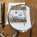 Postcard featuring my original watercolor and ink illustration of the oddities and books tucked away in the shelves of an artist.

• Printed on high quality card stock
• Each postcard measures 4.25 x 5.5" (A2)
