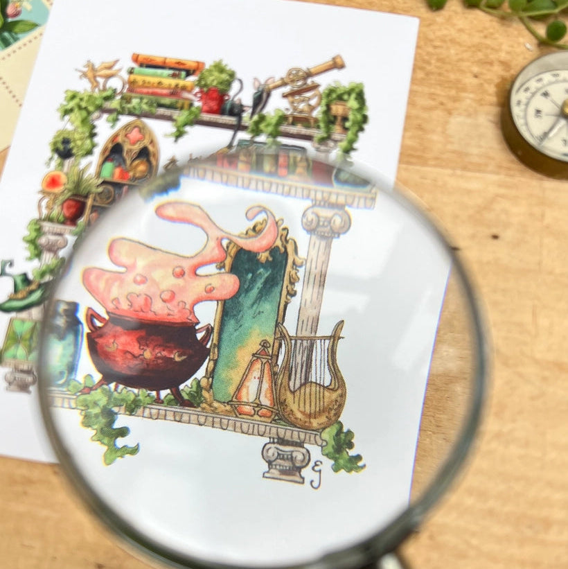 Postcard featuring my original watercolor and ink illustration of the oddities, tools, and mischievous creatures tucked away in the shelves of a celestial witch, including an inquisitive cat and a stargazing bat.

• Each postcard measures 4.25 x 5.5" (A2)
• Printed on high quality card stock