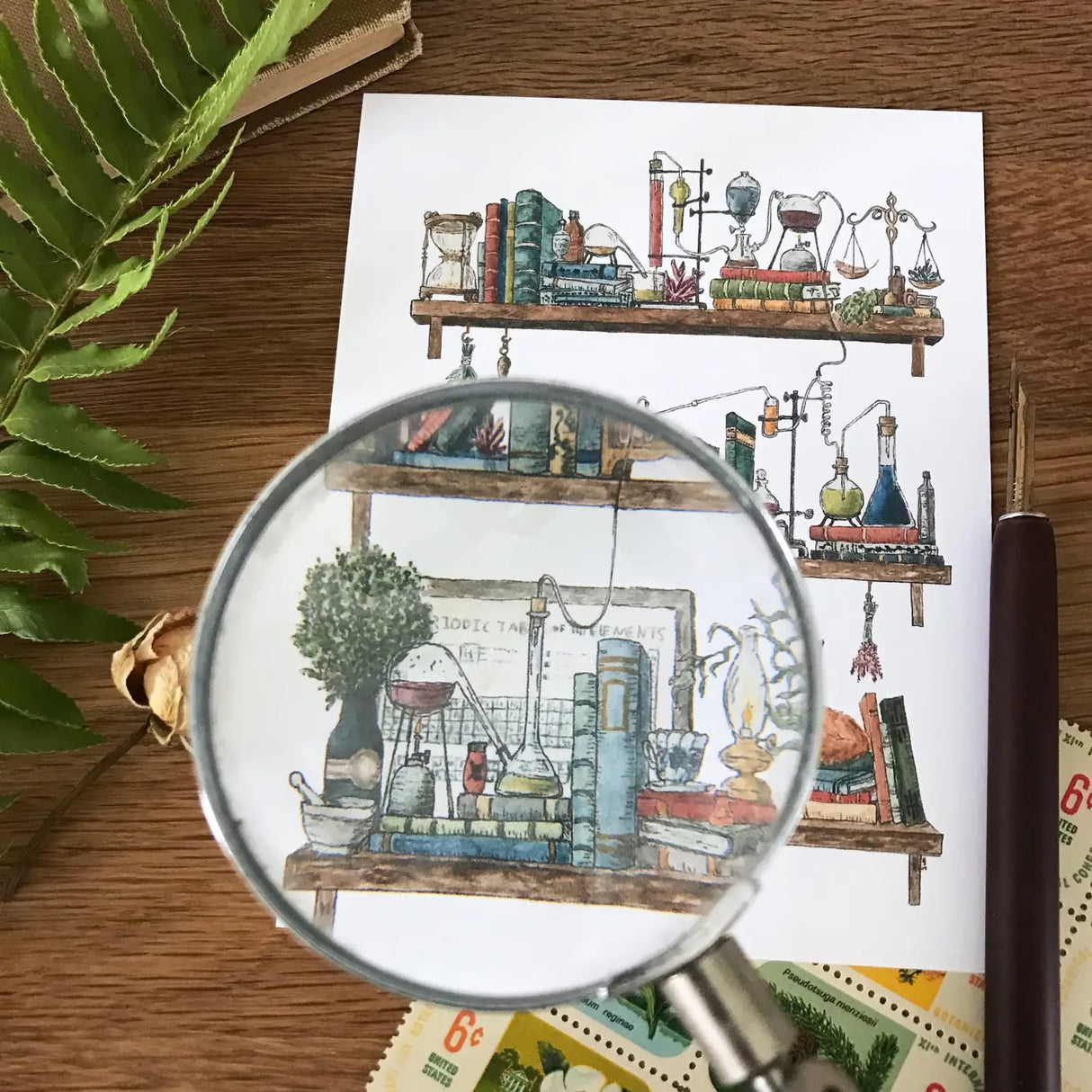 Postcard featuring my original watercolor and ink illustration of the vintage oddities and books tucked away in the shelves of a chemist, including Schrödinger's cat!

• Printed on high quality card stock
• Each postcard measures 4.25 x 5.5" (A2)