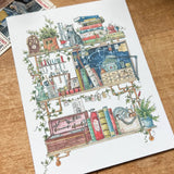 Postcard featuring my original watercolor and ink illustration of the oddities, books, and tools tucked away in the shelves of a vintage inventor, including an assortment of tiny robots, a fire extinguisher, and a raccoon who is definitely not certified to operate the drill press.
