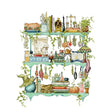 Postcard featuring my original watercolor and ink illustration of the oddities, books, tools, and trinkets tucked away in the shelves of a kitchen witch, including a sweet cat and a stained glass lamp.