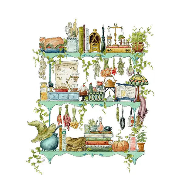 Postcard featuring my original watercolor and ink illustration of the oddities, books, tools, and trinkets tucked away in the shelves of a kitchen witch, including a sweet cat and a stained glass lamp.