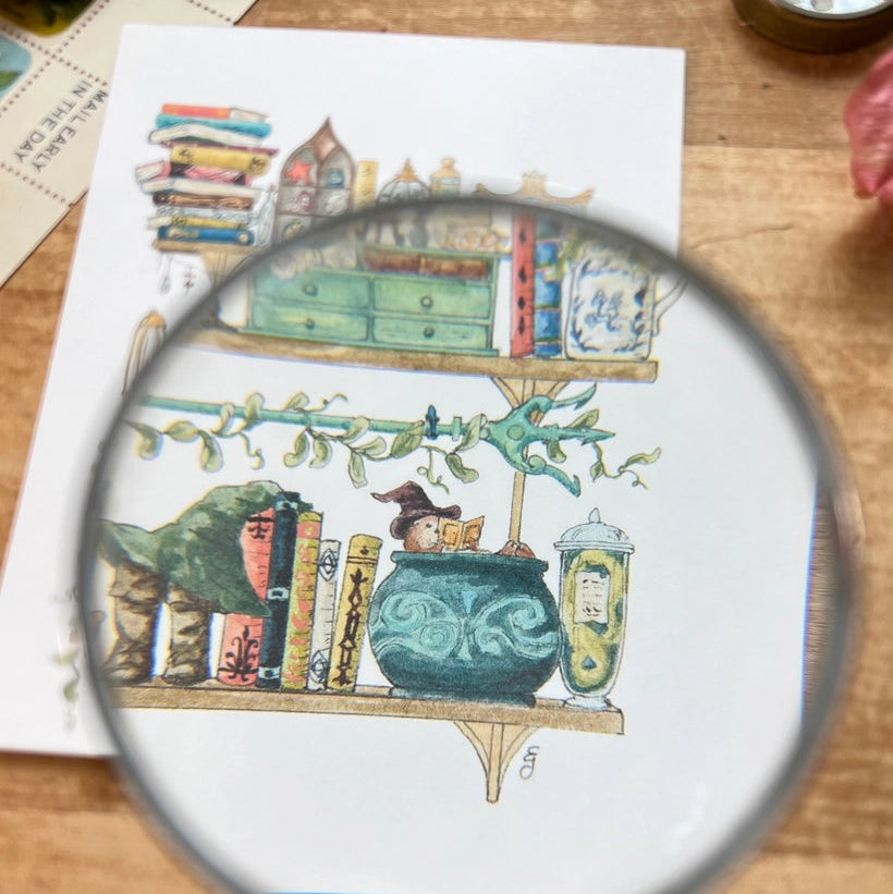 Postcard featuring my original watercolor and ink illustration of the oddities, books, tools, and trinkets tucked away in the shelves of a sea witch, including a sea otter relaxing in a cauldron with a good book.

• Printed on high quality card stock
• Each postcard measures 4.25 x 5.5" (A2)
