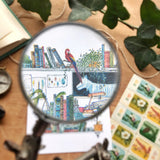 Postcard featuring my original watercolor and ink illustration of the vintage oddities and books tucked away in the shelves of a vet, including an opinionated parrot, a friendly turtle, and a napping beagle puppy.