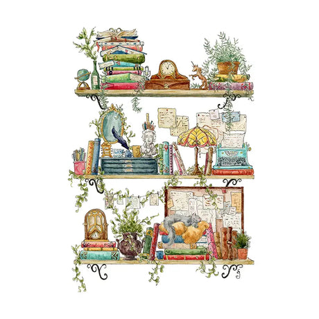 Postcard featuring my original watercolor and ink illustration of the vintage oddities and books tucked away in the shelves of a vintage writer, including a Poe pencil holder, a stained glass lamp, and a blue typewriter.