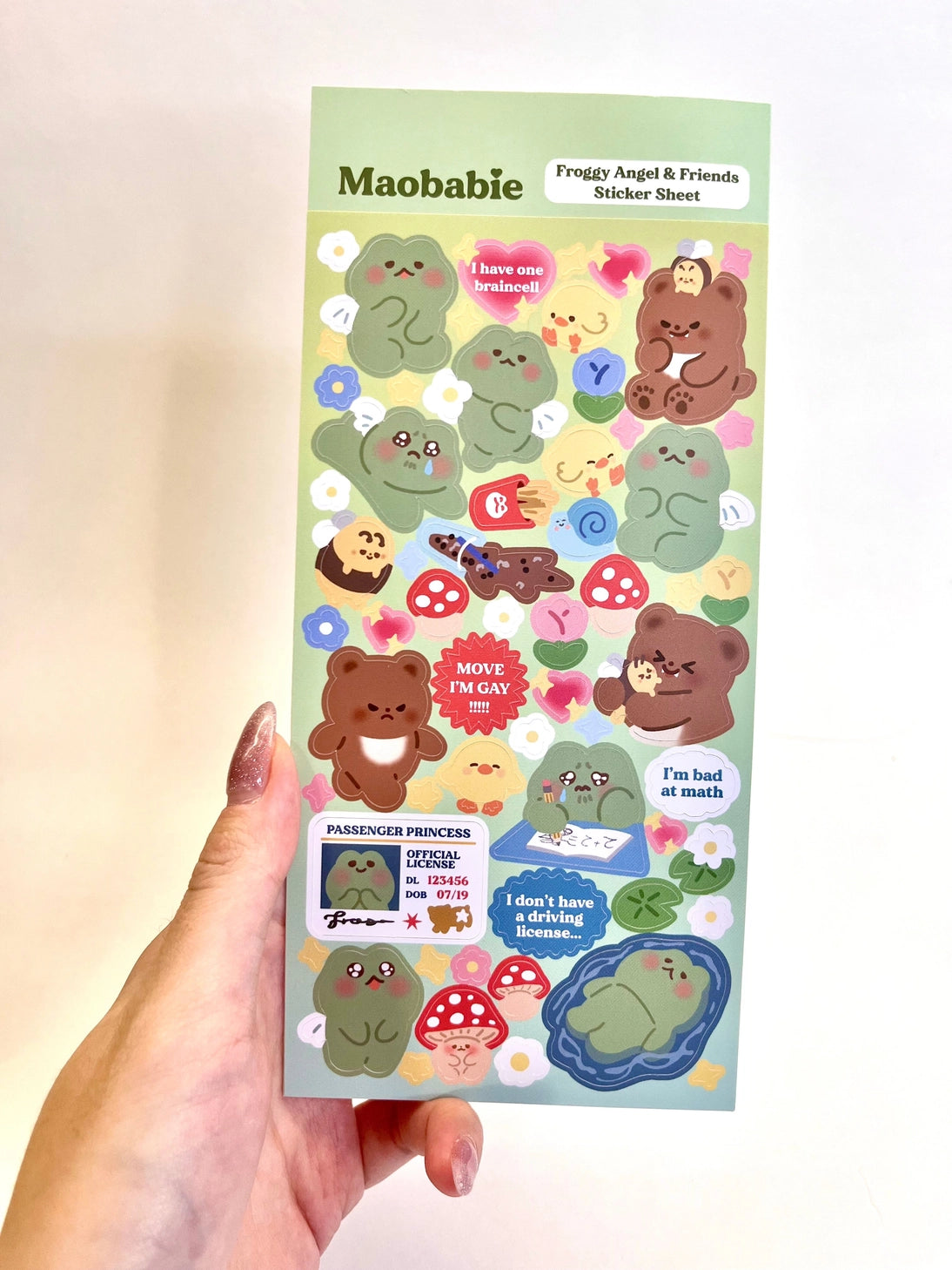 As Maobabie, we present our Sticker Sheet - Froggy Angel &amp; Friends, crafted with love by our indie artist, Jennie. Printed on matte vinyl paper, this sheet measures 210mmx170mm, making it an ideal size for decorating your phone, laptop, or any other surface. Get ready to experience our cute and soft illustrations, bringing a touch of charm to your everyday items. With Maobabie, it's all about adding a dash of whimsy to your world.

Includes one (1) sticker sheet