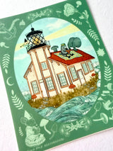 A raven and mouse attend to their lighthouse amongst the waves.

This vinyl matte sticker is weather and waterproof-stick it on a notebook, bike, or car- it's going to stick around! Heck, throw it on a water bottle and through the dishwasher. This sticker can go anywhere. Sticker measures 4.5" x 4.5" Printed in USA.