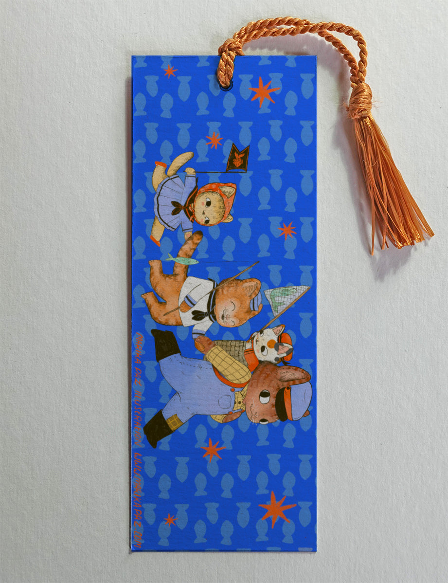 These kitten are out fishing! This bookmark has the same image on both sides.

Printed on heavy cardstock and comes with a tassel, these bookmarks measure 2x6 inches.&nbsp;

Printed in USA
