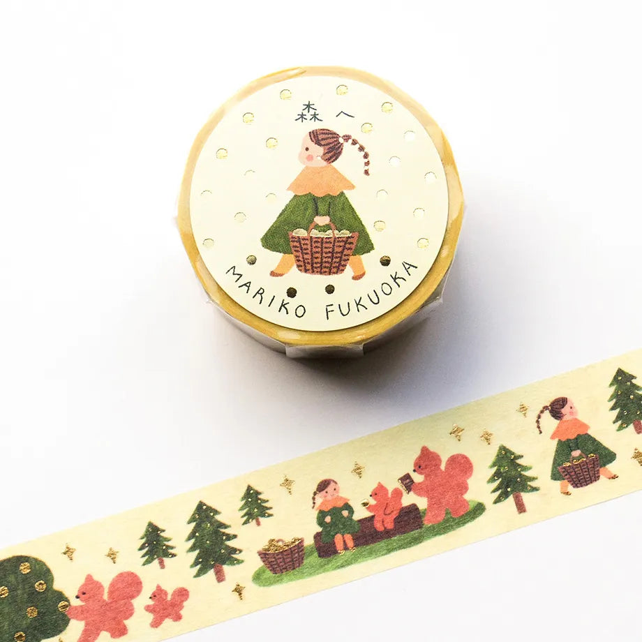 Illustrator Mariko Fukuoka's cute foil-embossed masking tape.
In the forest, a woman and squirrel, are gathering nuts and having a tea party. The sparkling gold foil stamping adds a design accent. Cut short to use as stickers, or as a pop point in wrapping or decoration.


✨ Product Features

Gold foil stamping for a subtle, elegant shine
Perfect for decorating planners, journals, cards, gifts, and scrapbooks
High‑quality Cozyca Products washi tape
Size: 20 mm × 5 m
