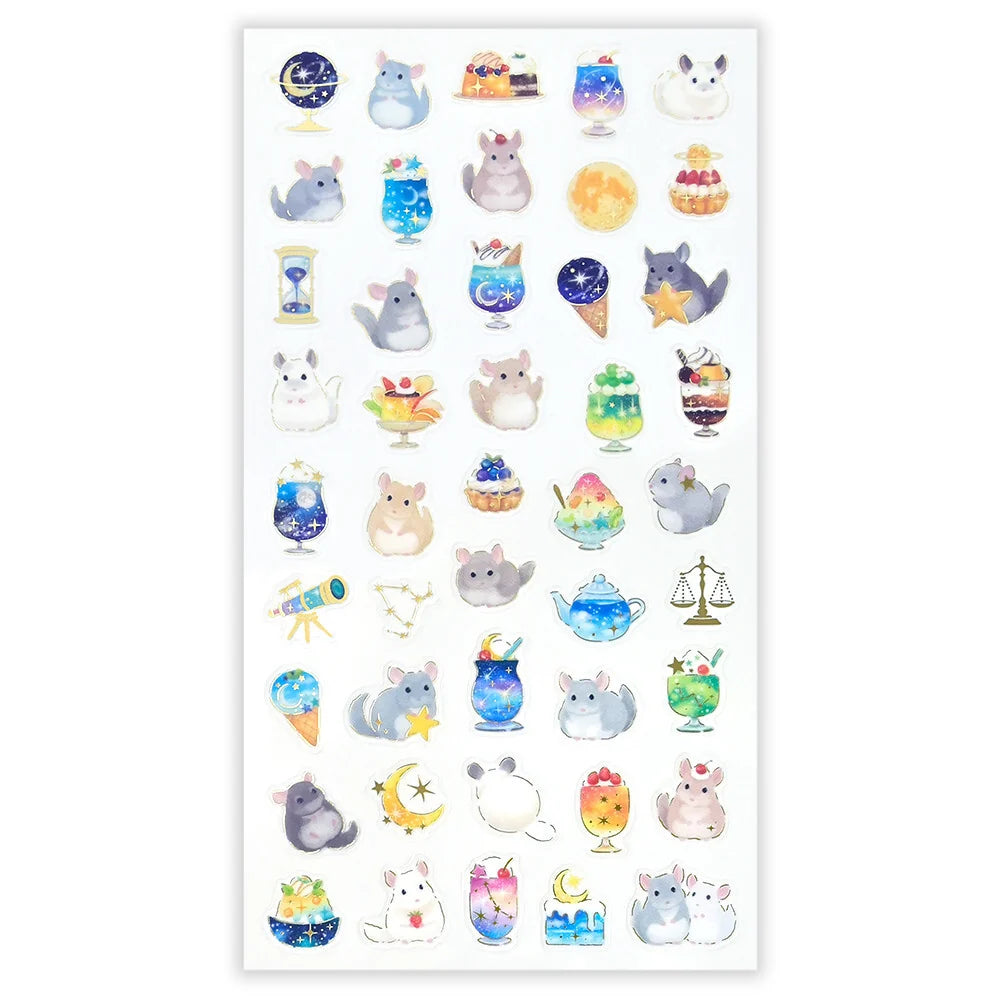 These are transparent stickers with cute relaxed animals and shining gold leaf.
I charmingly depicted the calm atmosphere of a night café and a relaxing chinchilla. Perfect for any journal or planner.



Height 165× Width 90mm
Transparent Stickers

Sticker Gold Foil Stamping Finish

Pattern Backing Card