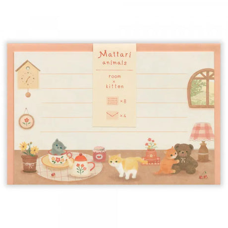 Relaxing Animals Day - A mini-letter depicting the days of each animal living in
a relaxed manner.
I drew a kitten relaxing in a warm room lined with teddy bears and pots.
It is a size that can hold a photo (DSC format, L format) and can be mailed at a standard price.

Length 98× Width 148mm
8 pieces of stationery, 4 envelopes