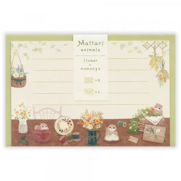 Relaxing Animals Day - A mini-letter depicting the days of each animal living in
a relaxed manner.
I drew various flowers and flying squirrels such as bouquets, swags, vases, and vases.
It is a size that can hold a photo (DSC format, L format) and can be mailed at a standard price.

Length 98× Width 148mm
8 pieces of stationery, 4 envelopes