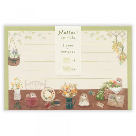 Relaxing Animals Day - A mini-letter depicting the days of each animal living in
a relaxed manner.
I drew various flowers and flying squirrels such as bouquets, swags, vases, and vases.
It is a size that can hold a photo (DSC format, L format) and can be mailed at a standard price.

Length 98× Width 148mm
8 pieces of stationery, 4 envelopes