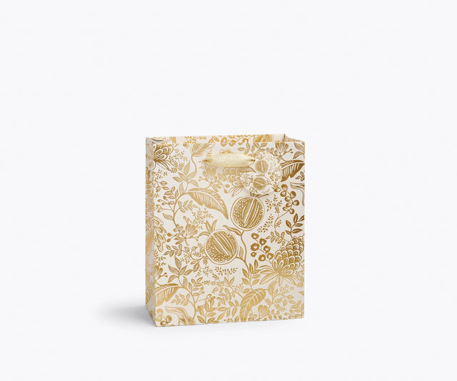 Giving gets even more special with our gift bags, which feature charming extras like gold foil accents, cotton ribbon handles, and a coordinating “To” and “From” tag.

DETAILS

Medium: 6 x 4.5 x 0.3 in&nbsp;
Coated paper with cotton ribbon handles
Printed in full color and UV gold glitter
Gold lurex ribbon handles
Cardboard floor insert