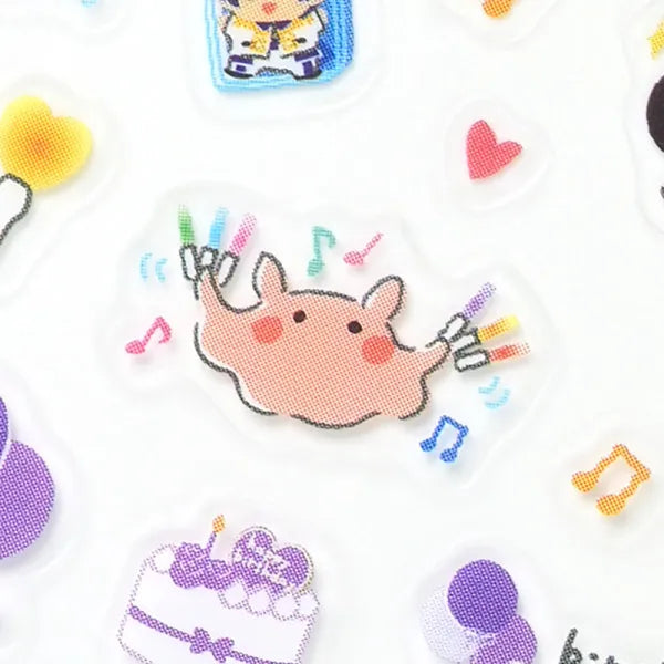 This sticker has a translucent and matte texture that blends in with the notebook.
It can be separated with perforations and carried as much as necessary.
I drew Mendako who is doing her best to promote live performances and events.
Recommended for those who want to enjoy Oshikatsu.

1 Sheet included
165× 90mm
Transparent seal