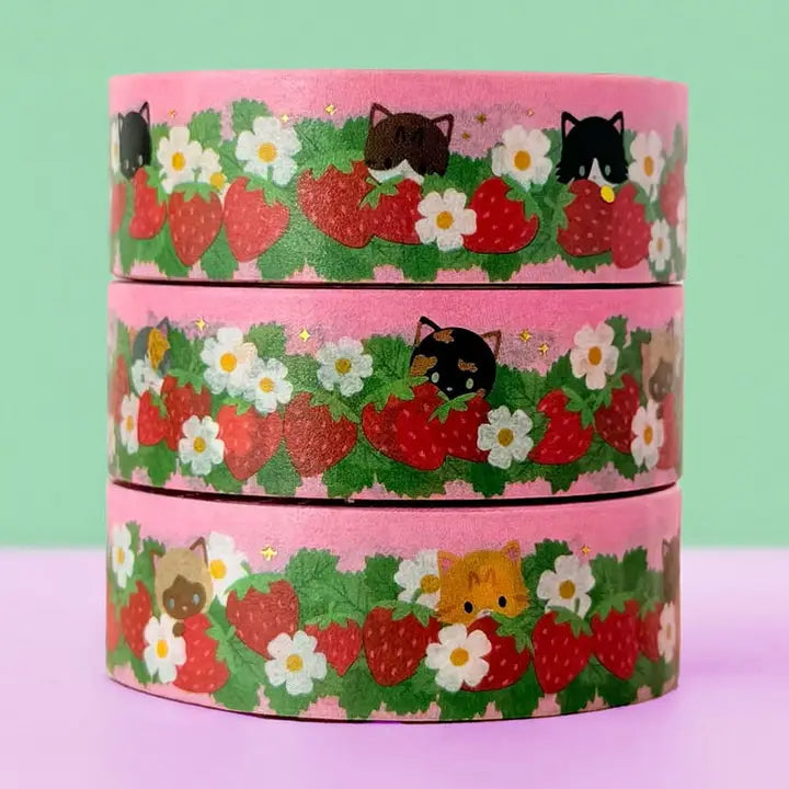 Adorable cats in strawberry field, with small details of gold foil. Ideal for journaling, scrapbooking, and craft projects.

Gold Foil Details
One&nbsp;10-meter long roll of washi tape
20mm wide, 32mm paper core


Colors might vary just a bit from your screen.