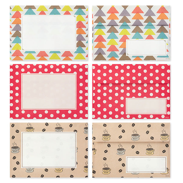 A letter set featuring 10 types of standard-sized envelopes filled with 'rough' textures. This letter set contains envelopes designed to evoke the wrappers and packages of cute shops you encounter while traveling. Each of 10 types of standard (postcard-sized) horizontal envelopes that can be sent as standard mail is included.