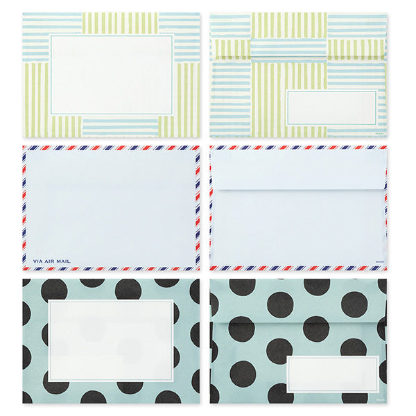 A letter set featuring 10 types of standard-sized envelopes filled with 'rough' textures. This letter set contains envelopes designed to evoke the wrappers and packages of cute shops you encounter while traveling. Each of 10 types of standard (postcard-sized) horizontal envelopes that can be sent as standard mail is included.