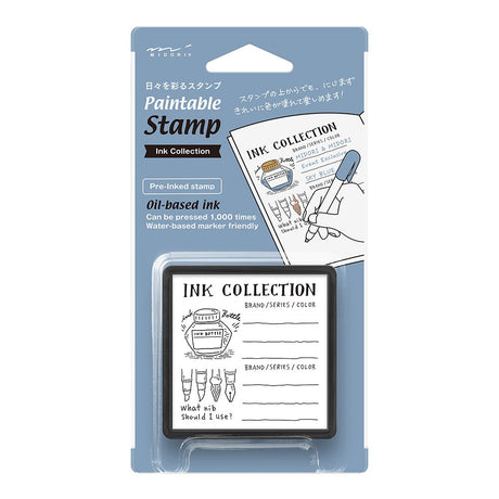 Midori Pre-inked Stamp-Ink Collection

This is an ink-penetrating stamp that can beautifully print even fine patterns, and can be painted over or used to write records or messages. It is a stacking type that can be stored by stacking. It is a square shape that is easy to press, and can be pressed approximately 1,000 times.&nbsp;

The ink is oil-based, so even if you paint over the stamp with a water-based marker, the ink will not bleed. You can use it to stamp notebooks, diaries, and sticky notes, color it 