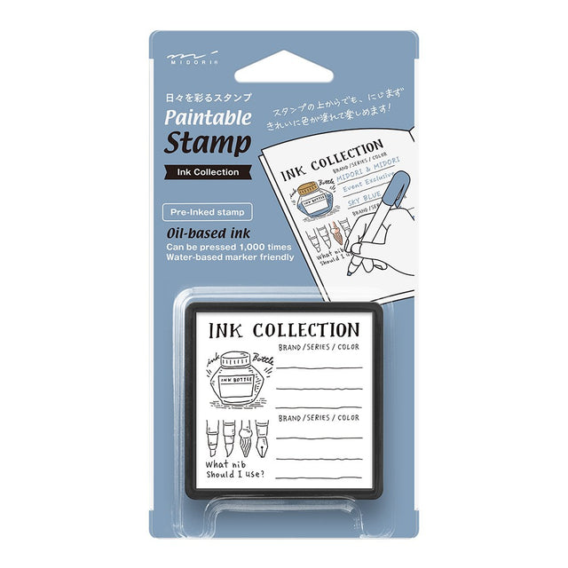 Midori Pre-inked Stamp-Ink Collection

This is an ink-penetrating stamp that can beautifully print even fine patterns, and can be painted over or used to write records or messages. It is a stacking type that can be stored by stacking. It is a square shape that is easy to press, and can be pressed approximately 1,000 times.&nbsp;

The ink is oil-based, so even if you paint over the stamp with a water-based marker, the ink will not bleed. You can use it to stamp notebooks, diaries, and sticky notes, color it 