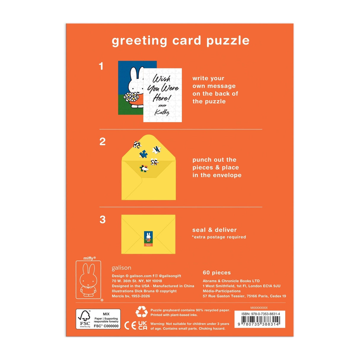 Discover the charm of Miffy, Dick Bruna's iconic character beloved by generations worldwide. Created in 1955 from bedtime stories told during a vacation in the Netherlands, Miffy has become a global icon. Send a puzzle in the mail to someone you love with the Miffy with Flowers Greeting Card Puzzle. Simply write your note on the back of the assembled puzzle, break apart the pieces, and seal the envelop before mailing to your loved one! Only 60 pieces and perfect for Miffy enthusiasts of all ages, it deliver