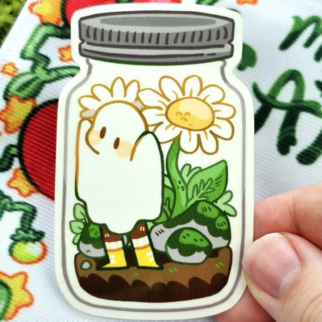 Daisies and a ghost in a mason jar on translucent sticker film!

This cute sticker is perfect for decorating your laptop, phone case, or skateboard, and including in your sticker book!