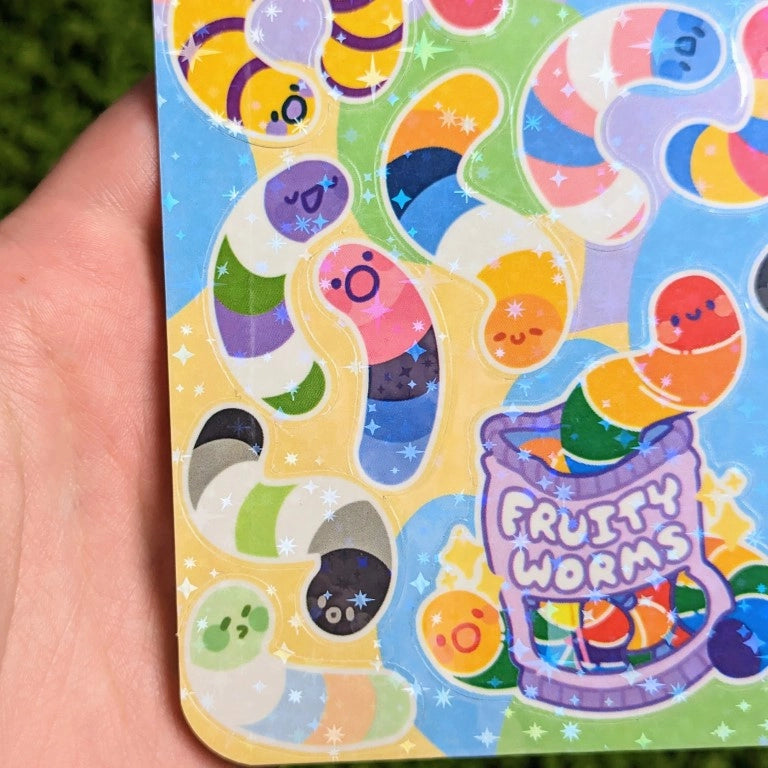 ❤ Fruity Worms Sparkly Pride Sticker Sheet ❤

♡ These worms are perfect for decorating your sketchbook cover, laptop, phone case, skateboard, and more!